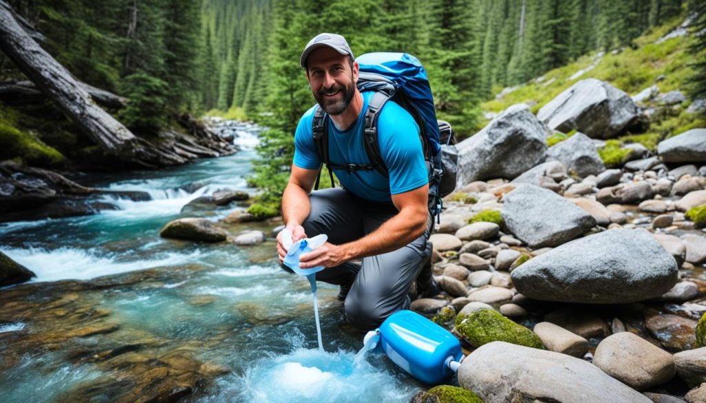 Hiker using a backpacking bidet for on-the-go personal care