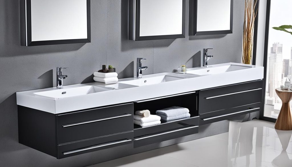 Designer bathroom vanities with various sink styles and mounting options