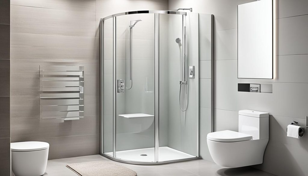 Low-flow toilet and standalone shower in a small bathroom