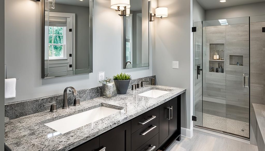 Luxury bathroom vanity with granite countertop and dual sinks