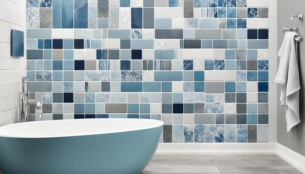 bathroom mood board with tile samples and color swatches