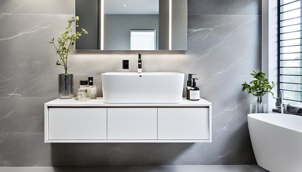 contemporary vanity designs in a modern bathroom layout