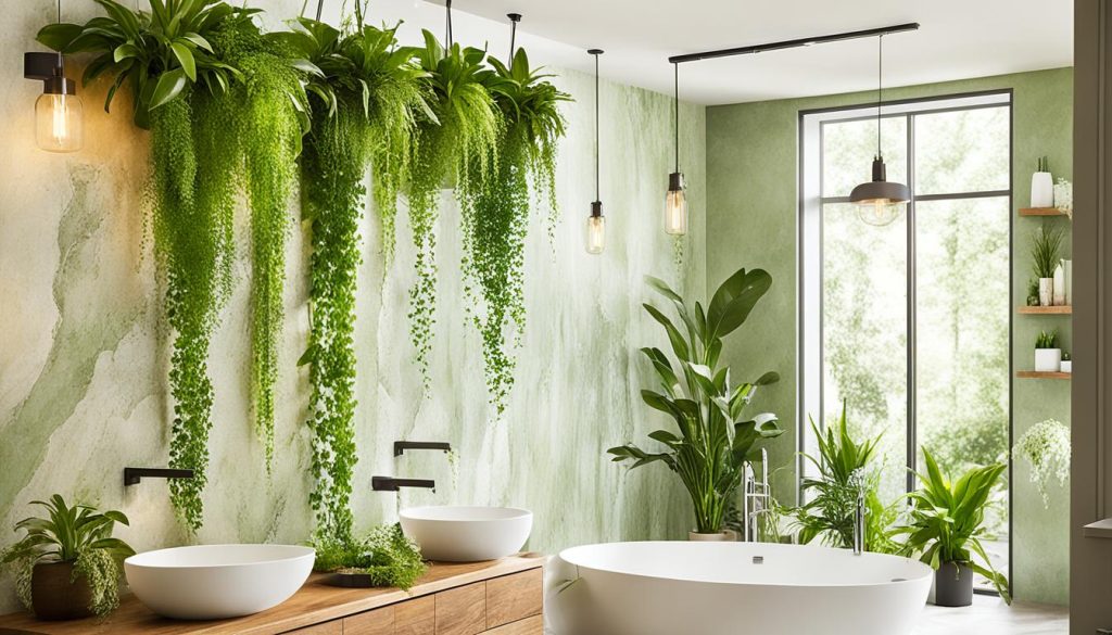 green oasis bathroom with hanging plants and natural stone accents