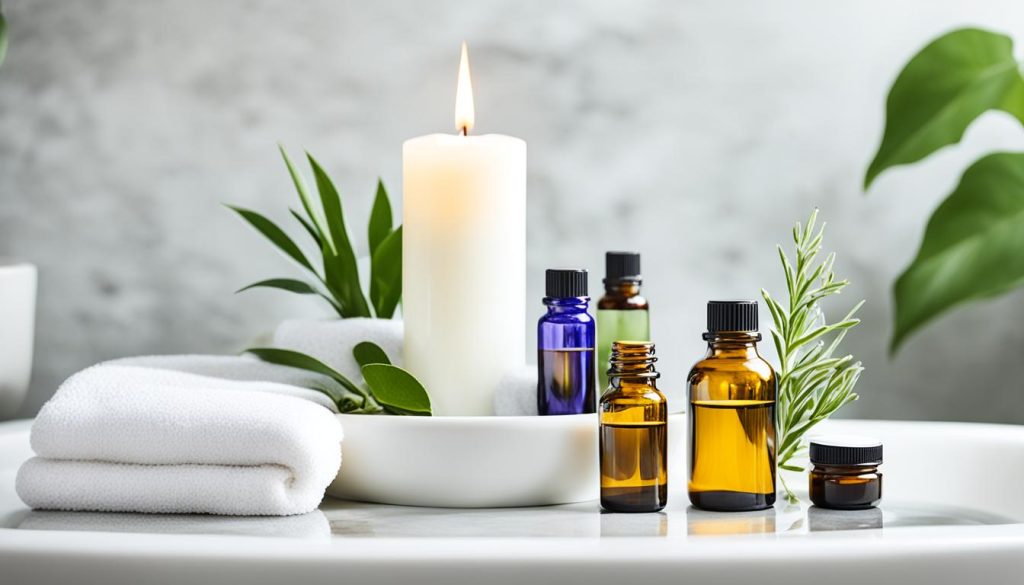 Aromatherapy essentials in a bathroom