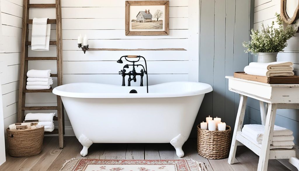 Farmhouse bathroom design with rustic vintage decor