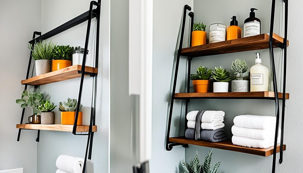 DIY bathroom organization ladder shelf