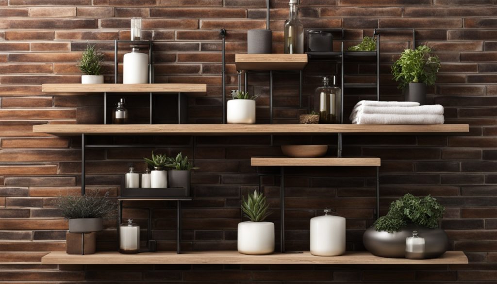 Industrial bathroom shelves in urban setting