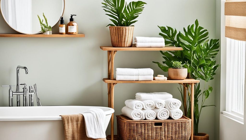 bathroom storage solutions using wood and rattan