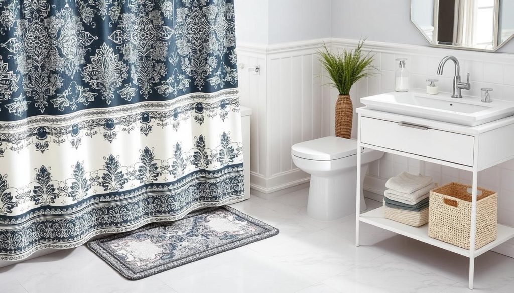 Bath mat runner coordinating with shower curtain