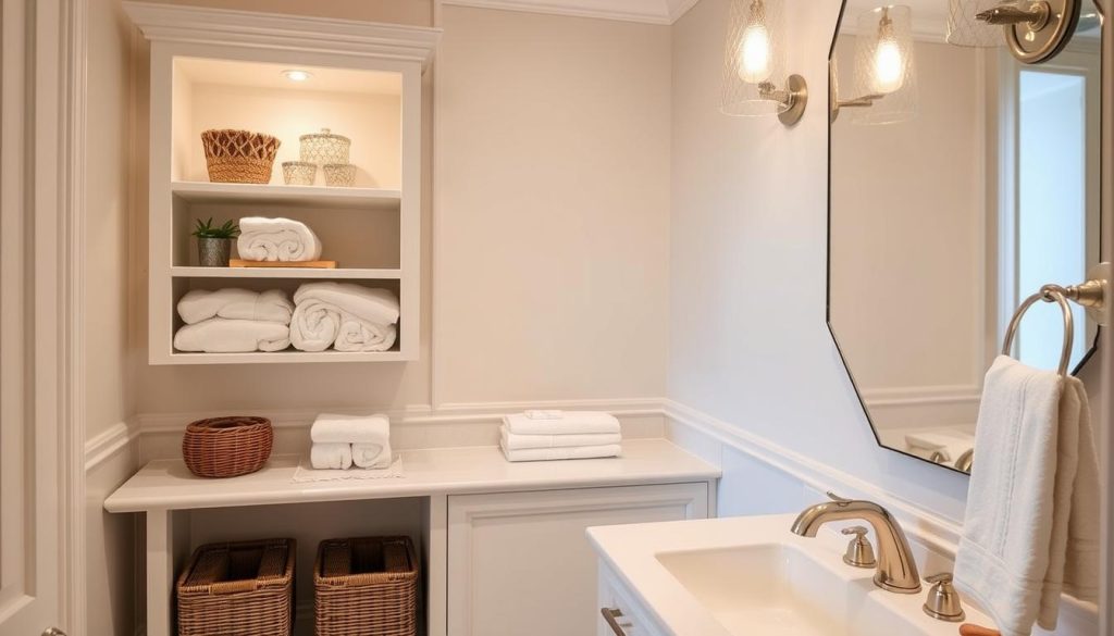 Bathroom organization with towel storage