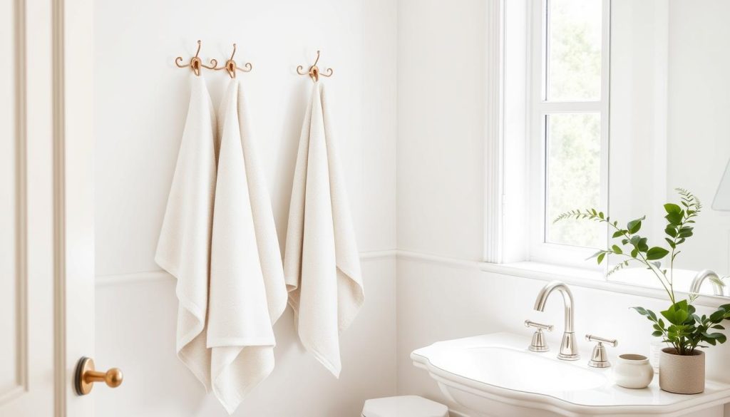 Clutter-free bathroom with hanging towels