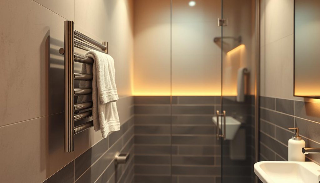 Compact towel warmer in a small bathroom