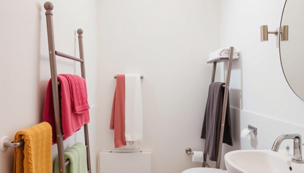 Decorative towel ladders in bathroom