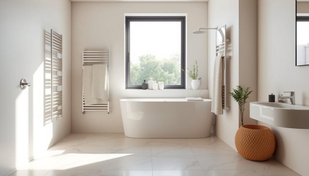 Electric towel warmers in a modern bathroom