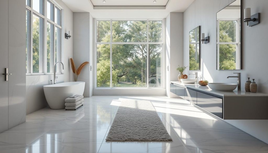 Extra-long bath runner in a spacious bathroom