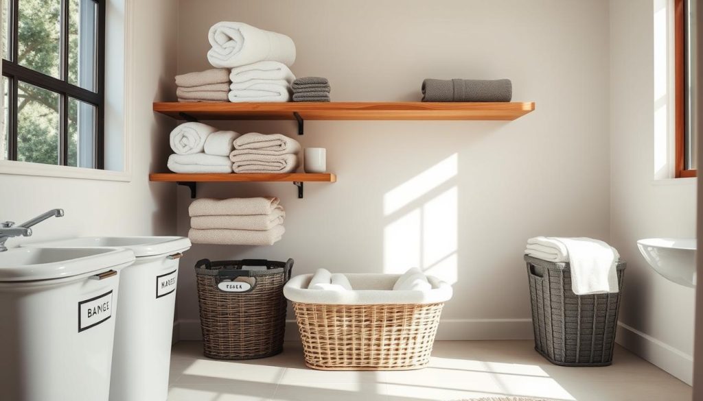 Labeled bins for towel storage