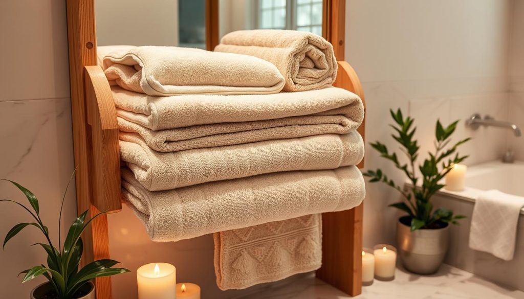 Luxury towel display in spa-like bathroom