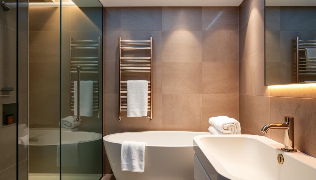 Luxury towel warmer integrated into bathroom design