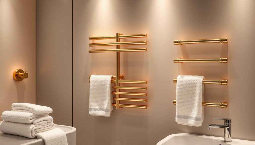 Luxury towel warmers in brass and gold tones