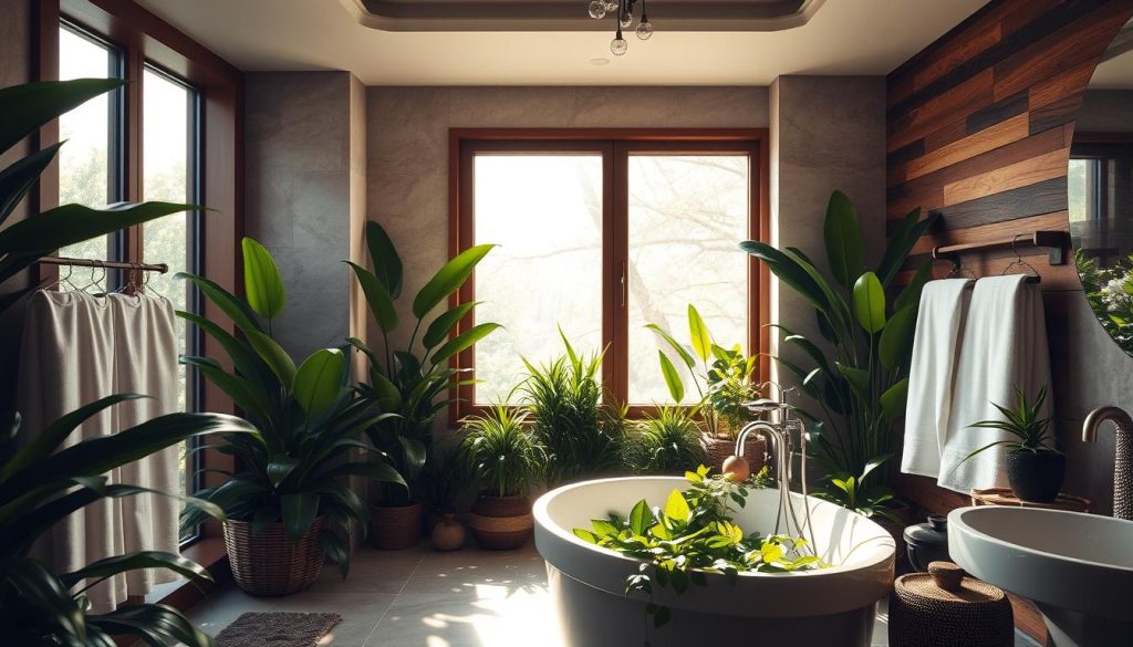 Plants in a spa-like bathroom