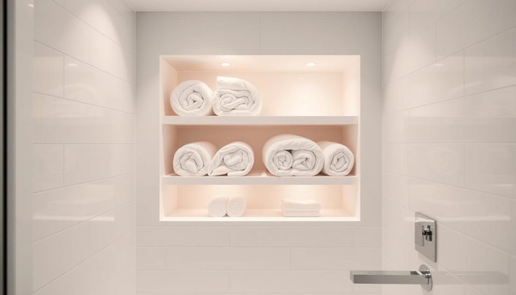 Recessed shelves in small bathroom