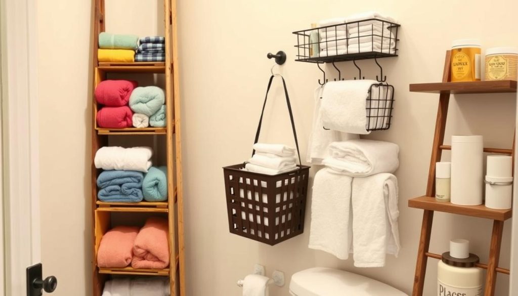 Repurposed items for bathroom towel organization