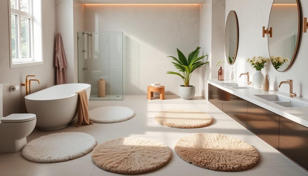 Round bath rugs in a bathroom setting