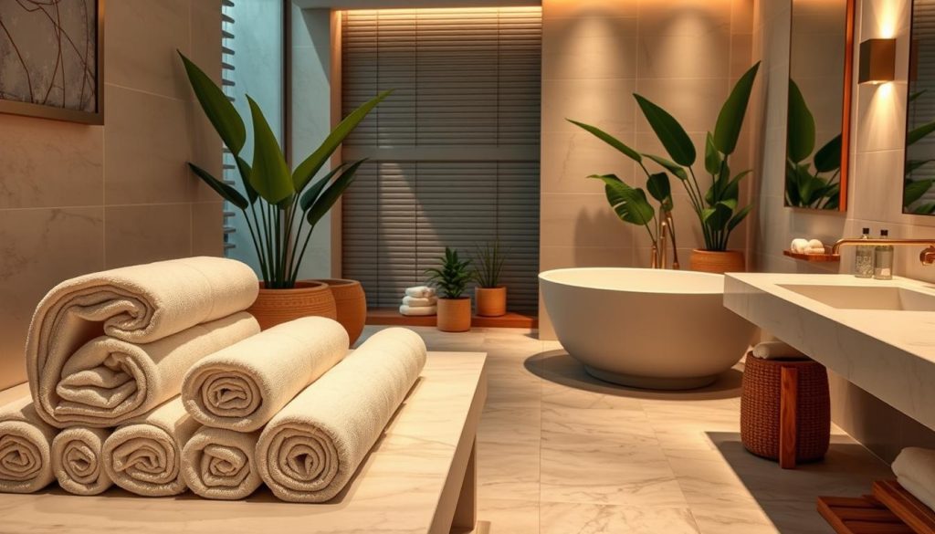 Spa-inspired bathroom with rolled towel display