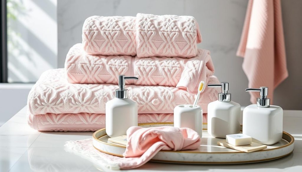 Stylish bathroom accessories including luxury towel sets