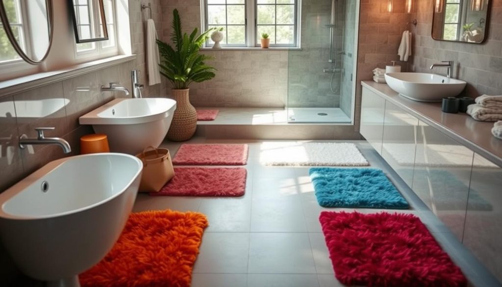 Stylish bathroom with absorbent bath mats