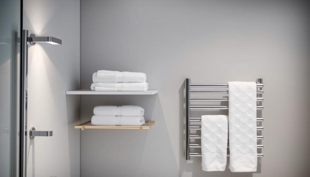 Wall-mounted shelves and towel bars in a bathroom