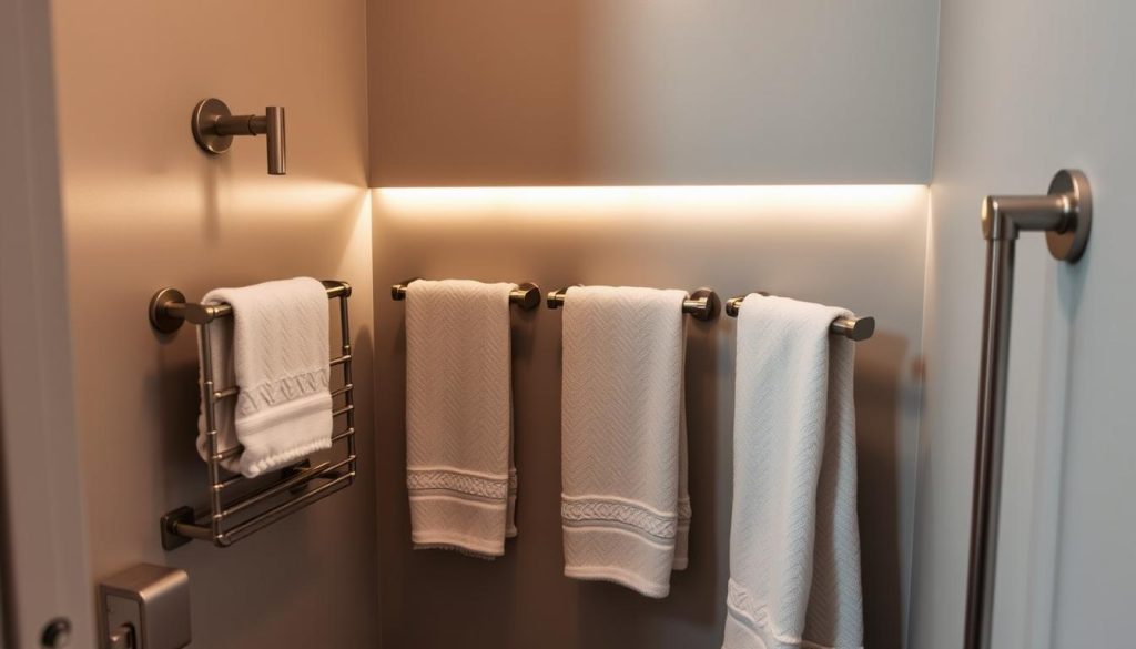 Wall-mounted towel bars in a compact bathroom