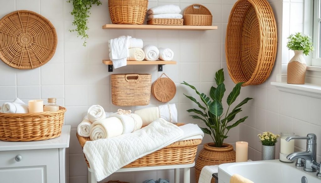 Woven baskets for bathroom organization