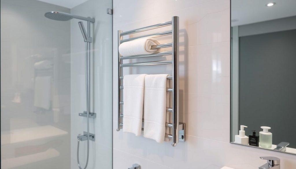 heated towel rack in a modern bathroom