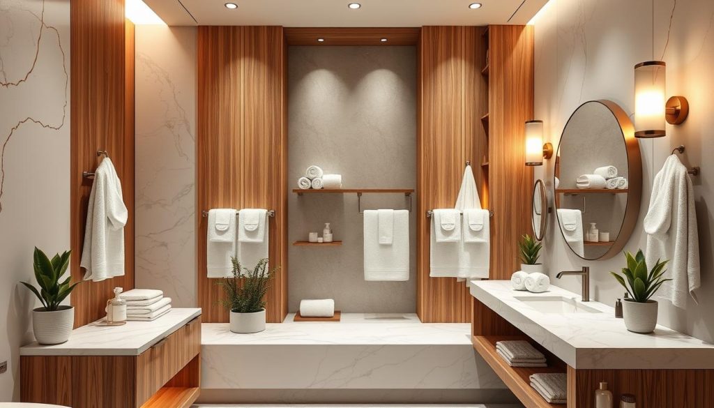 luxury bathroom styling with towel displays