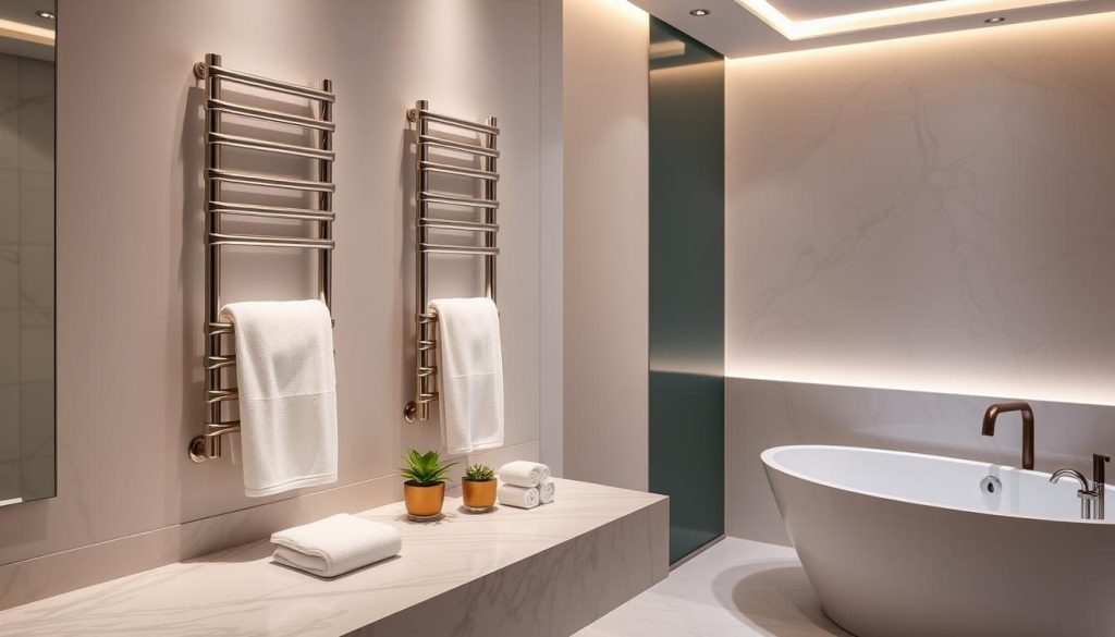 spa towel warmers in luxury bathroom