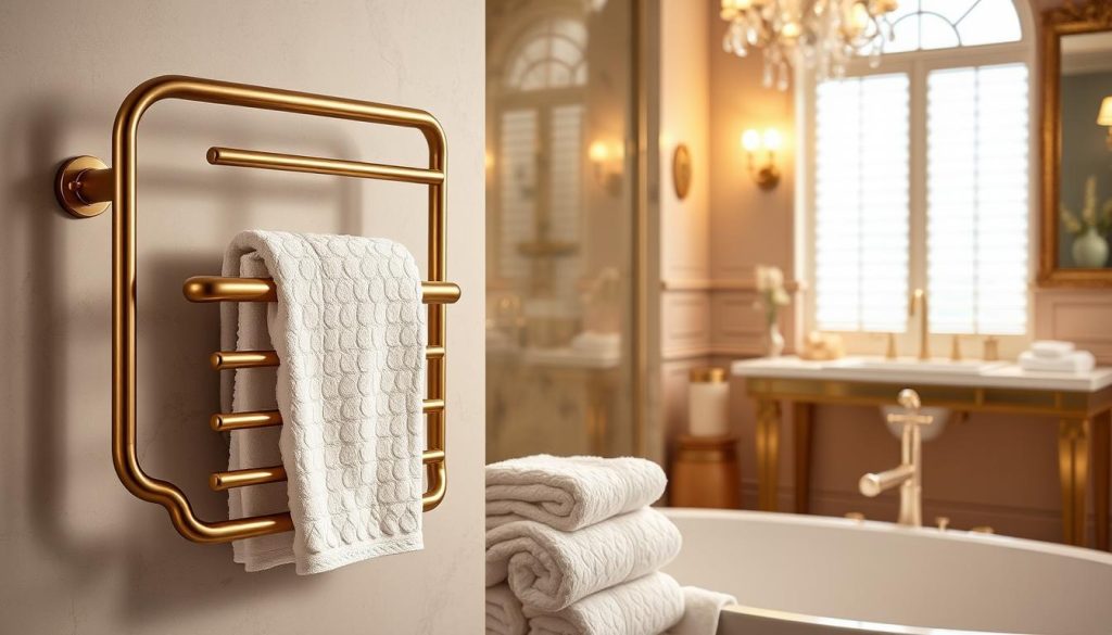 Antique brass towel warmer with energy-efficient heating