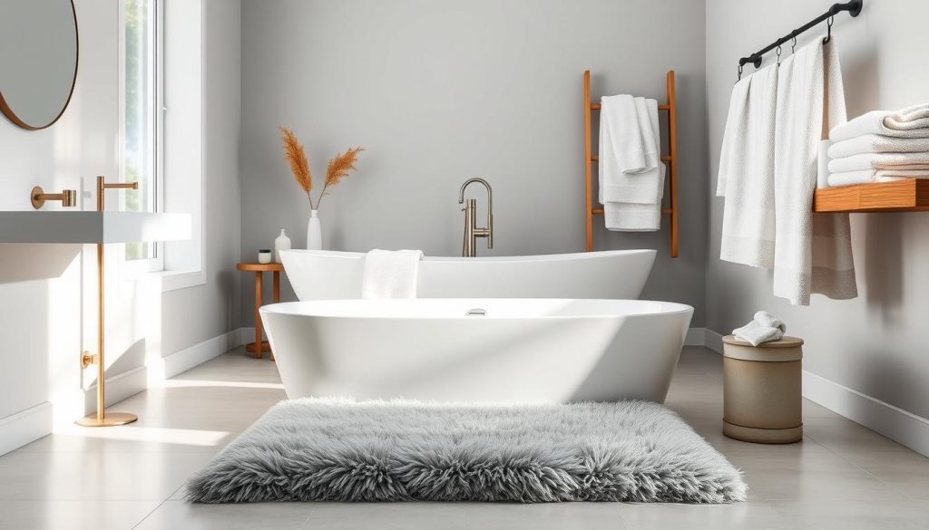 Balanced bathroom space with coordinated bath mats and towels