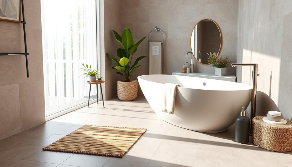 Bamboo bath mat in a modern bathroom