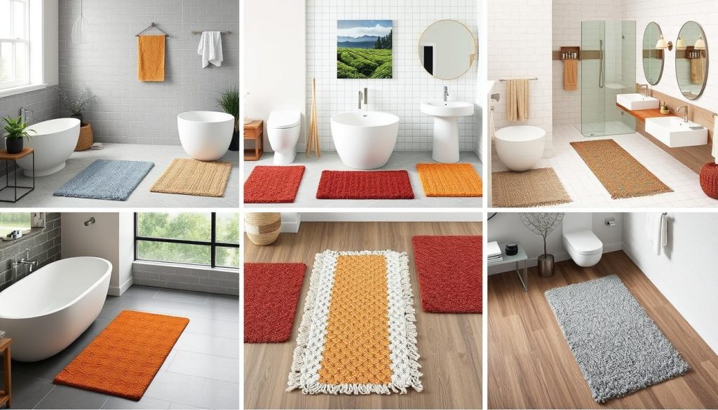 Bath mat runners in various bathroom layouts