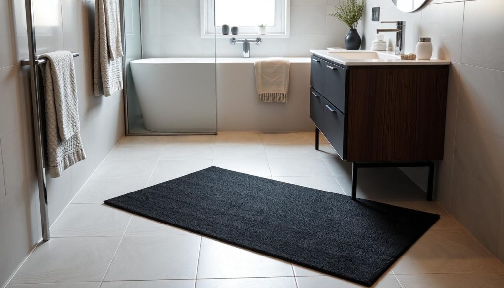 Black bath mat in small bathroom