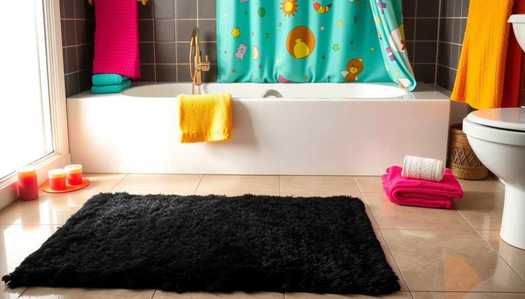 Black bath mat with colorful accessories