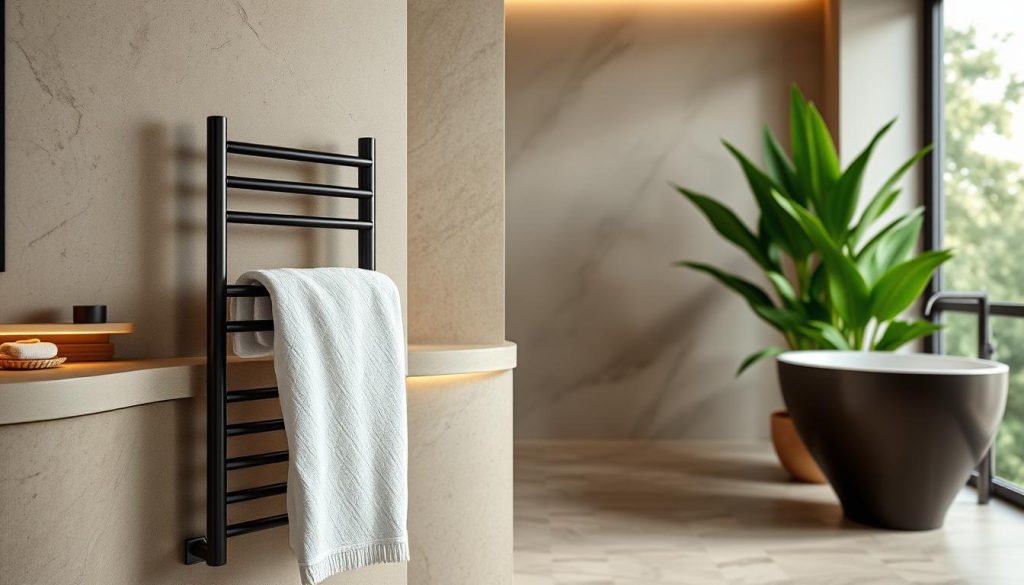 Black towel warmer in a spa-like bathroom