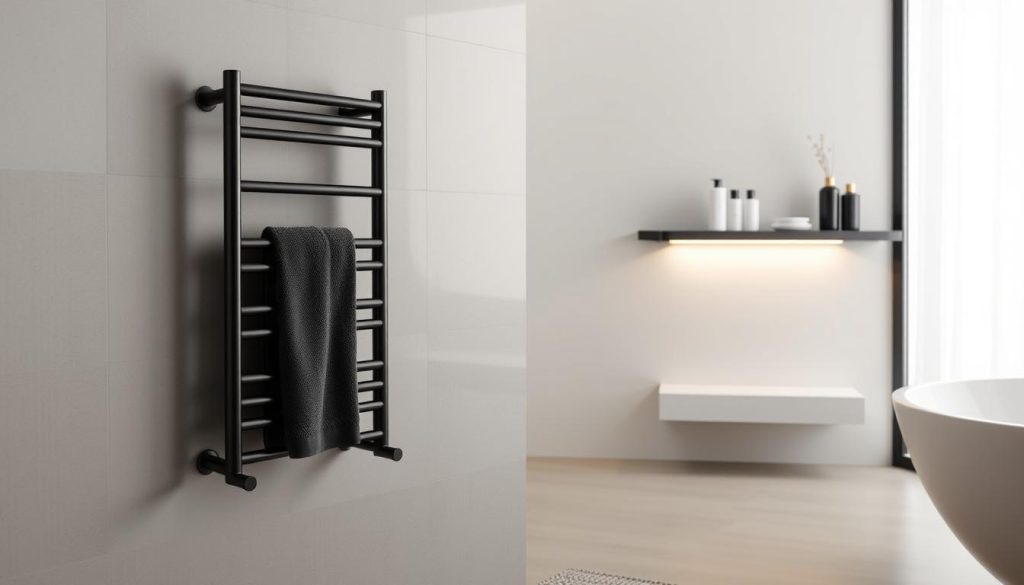 Black towel warmer in modern bathroom