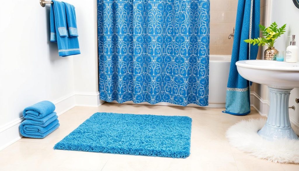 Blue bath mat coordinated with bathroom accessories