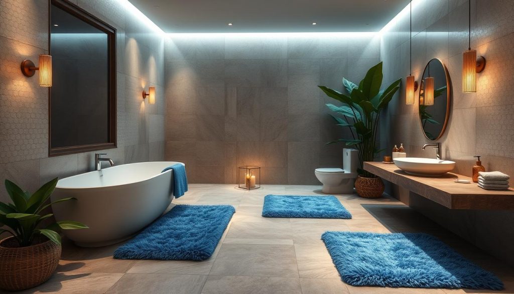 Blue bath rugs creating a spa-like bathroom