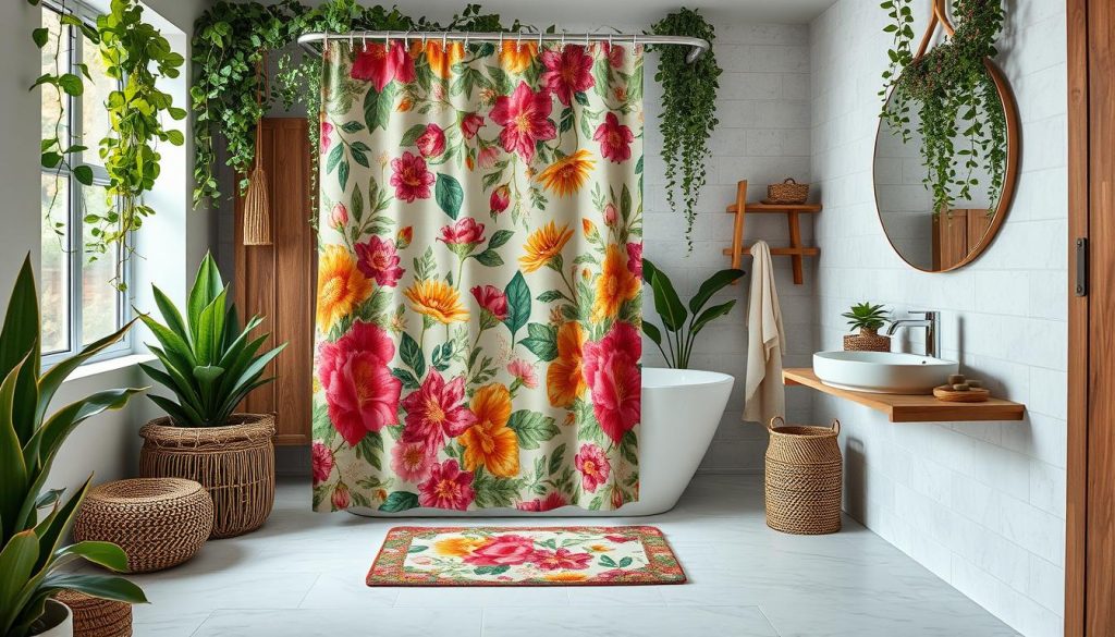 Boho bathroom decor with floral patterns