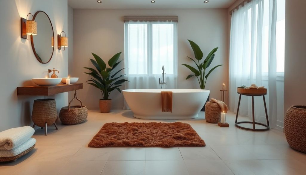 Brown bath mat in spa-inspired bathroom