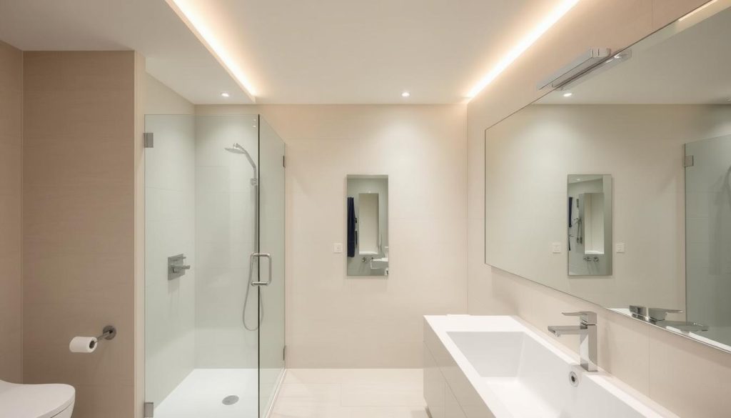 Chrome bath lights in a modern bathroom