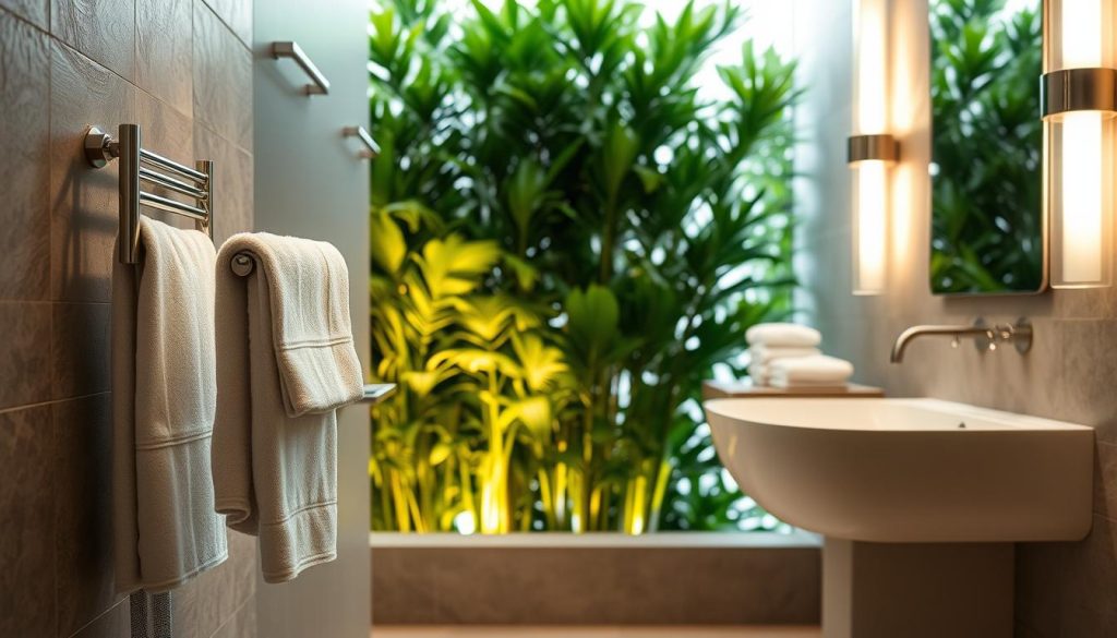 Chrome towel warmer in a spa-inspired bathroom